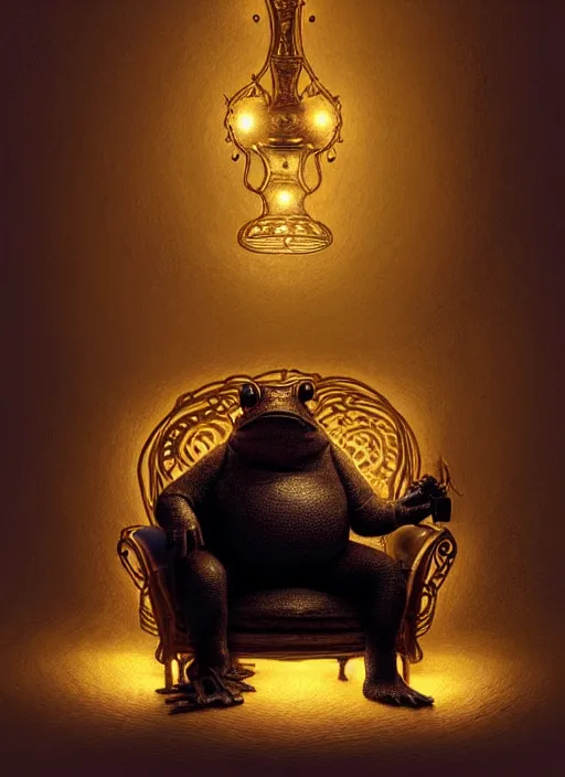 Image similar to portrait of a large black toad smoking a shisha, sitting in an armchair, intricate, elegant, glowing lights, highly detailed, digital painting, artstation, concept art, smooth, sharp focus, art by wlop, mars ravelo and greg rutkowski