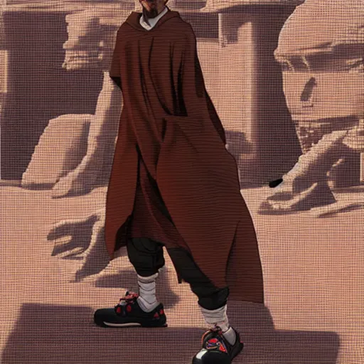 Image similar to franciscan monk wearing air jordan 1s by Range Murata, Katsuhiro Otomo, Yoshitaka Amano, and Artgerm. anime illustration, 3D shadowing effect, 8K resolution