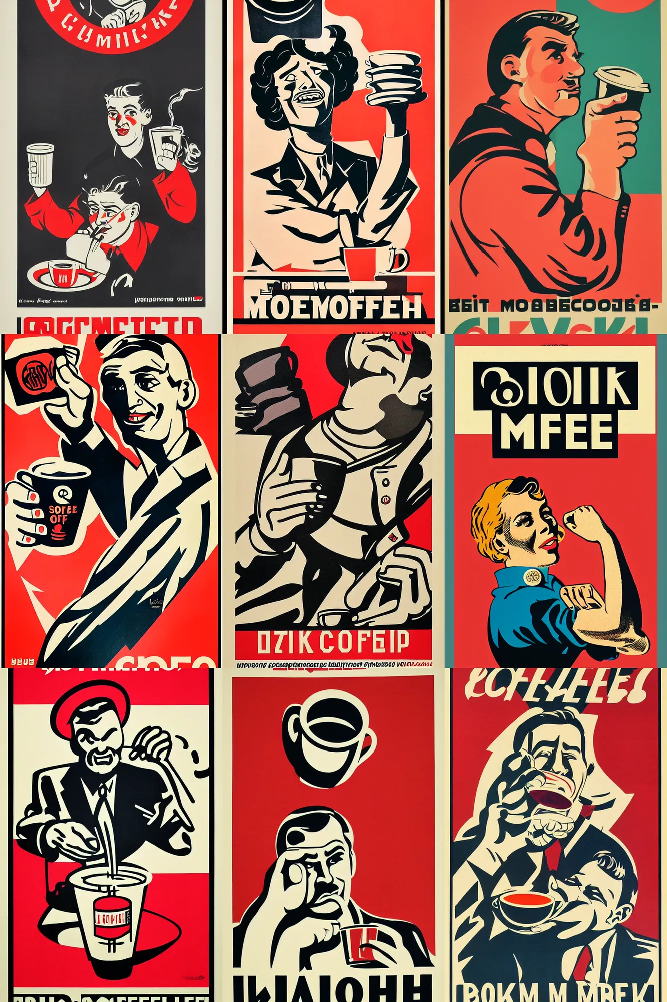 Prompt: soviet propaganda poster, Drink more coffee, by mcbess, full colour print, vintage colours, 1950s