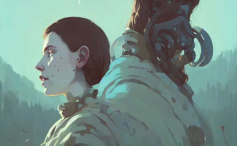 Image similar to portrait of celtic naturepunk woman by atey ghailan, by greg rutkowski, by simon stalenhag, by greg tocchini, by james gilleard, by joe fenton, by kaethe butcher dynamic lighting, gradient light blue, brown, blonde cream and white color scheme, grunge aesthetic