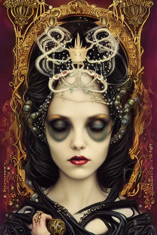 Prompt: black Crown with iridescent pearls, jewels, other worldly, art nouveau, by Anato Finnstark, Tom Bagshaw, Brom