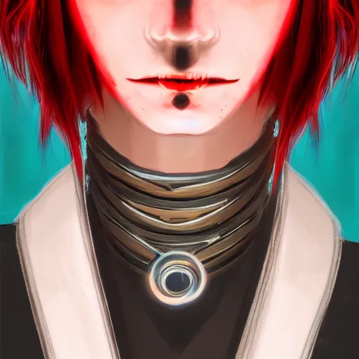 Image similar to headshot portrait of cyberpunk woman wearing thick steel choker around neck, 4K, detailed face, collar on neck, realistic, artstation, neon,