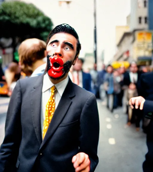 Image similar to man in a suit with spaghetti face screaming in a crowd in san - francisco, film photography, direct flash, kodak portra 4 0 0,