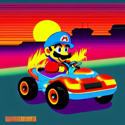 Prompt: synthwave illustration of Super Mario driving go kart into the sunset, trending on deviantart