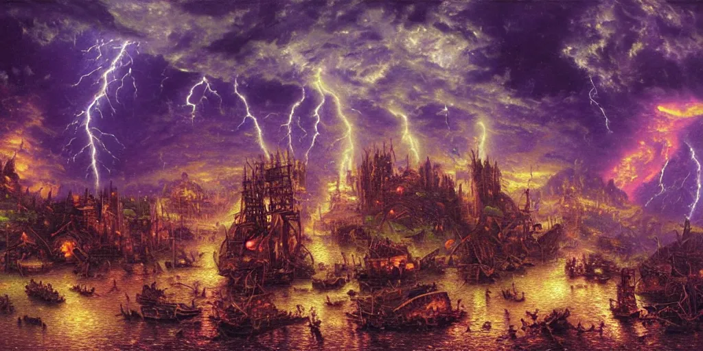 Prompt: giant purple tentacle demon. besieges ancient city. during lightning storm. oil painting. masterpiece. By Thomas Kinkade