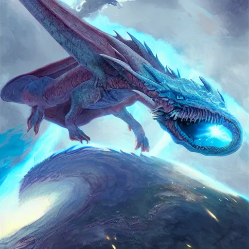 Image similar to Gigantic blue scaled dragon devouring an earth like planet while flying in space, sun system, salamance, nebula, oil painting, by Fernanda Suarez and Edgar Maxence and Greg Rutkowski