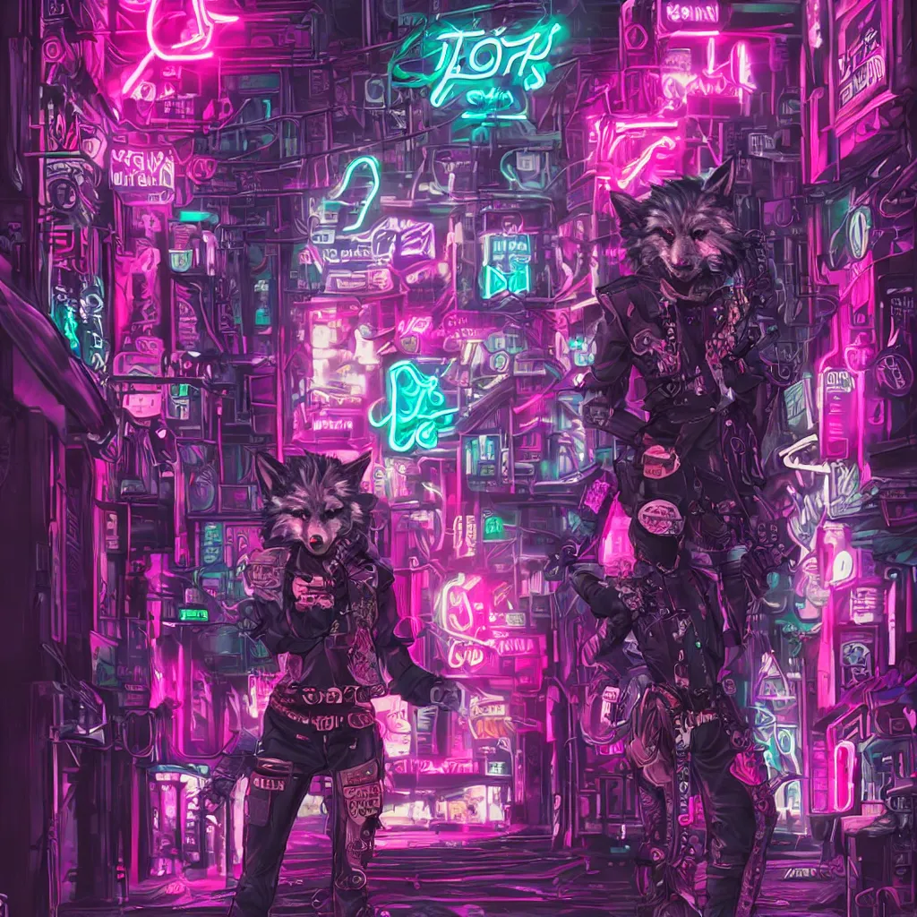 Prompt: beautiful furry art portrait commission of a androgynous furry anthro wolf fursona both wearing punk clothes in the streets of a cyberpunk city. neon signs.