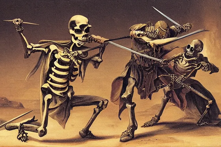 Image similar to man dueling a skeleton warrior with a sword