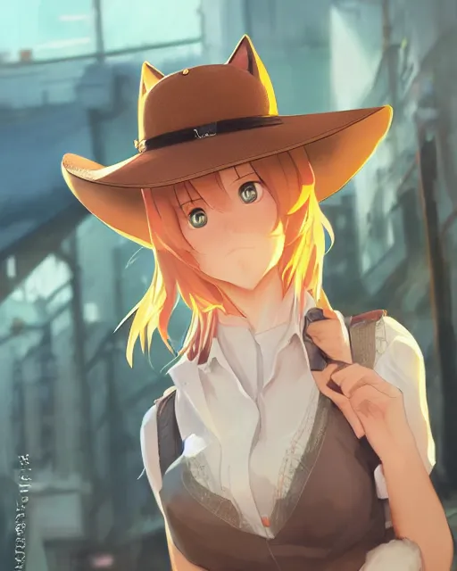 Prompt: a very cute cowgirl wearing a hat with cat ears, medium shot, ambient lighting, visible and detailed face, by makoto shinkai, stanley artgerm lau, wlop, rossdraws