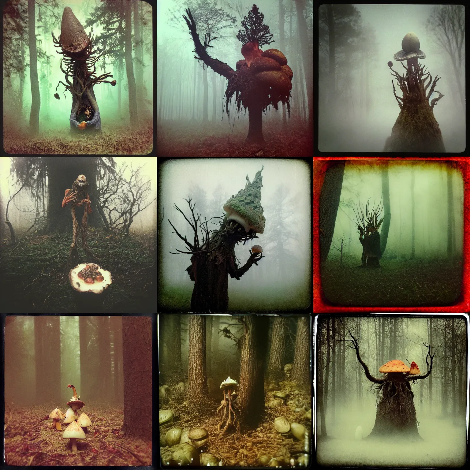 Prompt: angry hungry treebeard stuffing amanita mushrooms!!! 🍄 into his gaping maw, dark fantasy horror, ominous, disturbing, foggy, eerie mist, low quality instant camera photo