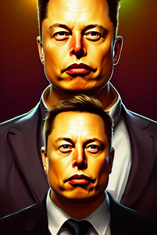 Image similar to elon musk as the simpsons character, portrait, symmetrical, highly detailed, digital painting, artstation, concept art, smooth, sharp focus, illustration, cinematic lighting, art by artgerm and greg rutkowski and alphonse mucha