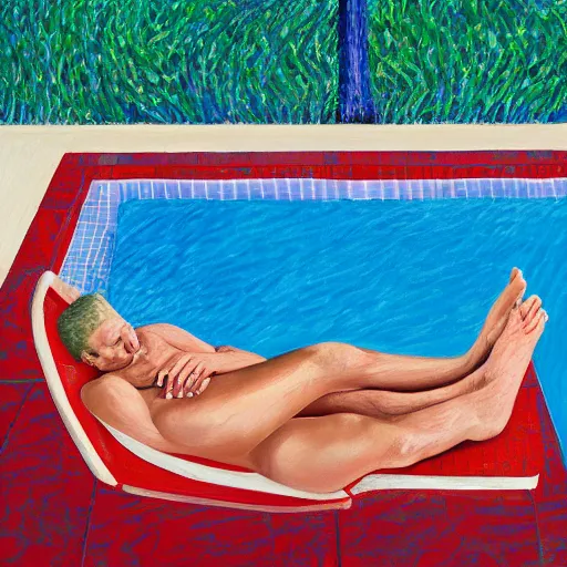 Prompt: donald trump laying by the pool, mar - a - lago, painted by david hockney, oil on canvas, large, opulent, servants, 8 k