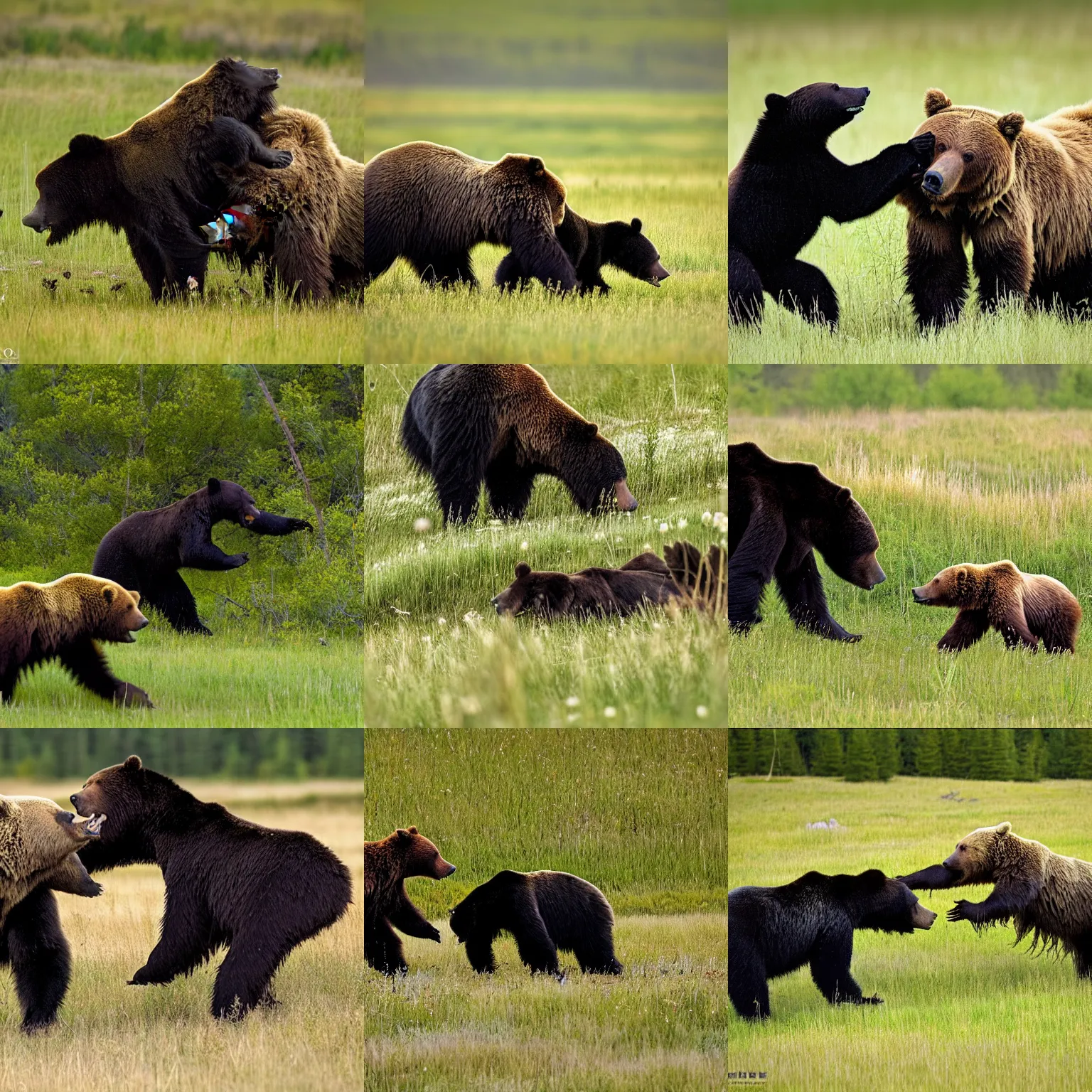 Prompt: an extremely large black spider fighting a grizzly bear in a meadow, wildlife photography