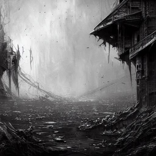 Prompt: Dark art, grungy nightmare, hyperdetailed, artstation, trending on cgsociety, ultra high quality, golden ratio, intricate artwork masterpiece, black and white, by greg rutkowski, by Roset Conrad, 8k, High contrast