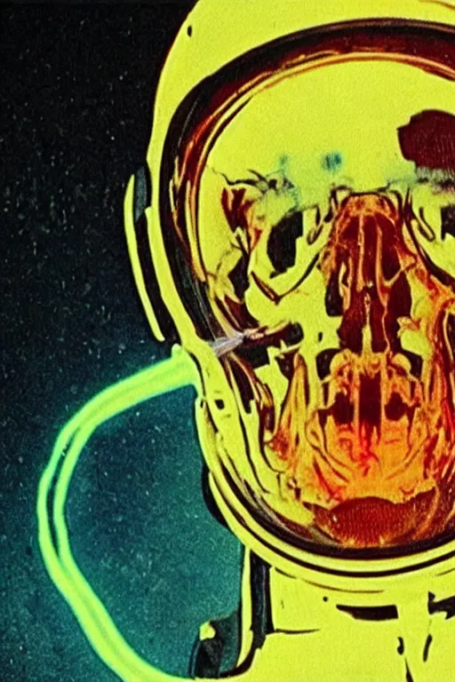 Image similar to astronaut with neon glowing skull 1 9 6 0 s color _ bleed _ video compression video glitch vhs footage akira kurosawa mamoru oshii wes anderson