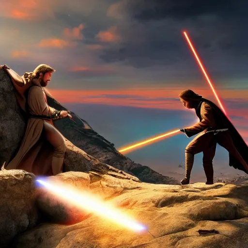 Image similar to anakin skywalker and obi wan kenobi engaging in an epic duel on a cliffside, epic, fantasy artwork, intense, cinematic, raytracing, dynamic lighting, 4 k