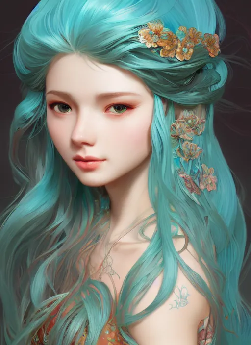 Image similar to beautiful girl with long turqoise hair, cute, intricate, highly detailed, digital painting, trending on artstation, concept art, smooth, sharp focus, illustration, unreal engine 5, 8 k, art by rossdraws and alphonse mucha