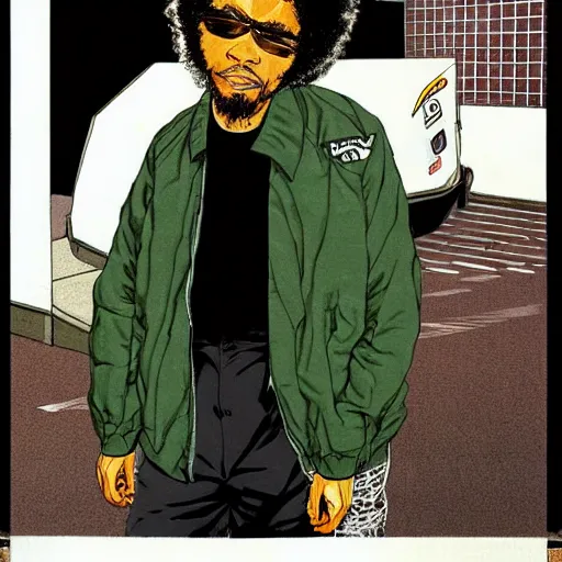 Image similar to illustration by katsuhiro otomo, black man with afro hair, raspy beard stubble, wearing an adidas army green jacket, in the streets of tokyo, akira style, by katsuhiro otomo