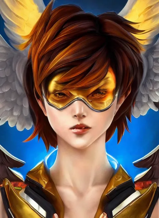 Prompt: full body oil painting of tracer overwatch in the style of mark brooks, angel wings, dramatic painting, symmetrical composition, silky garment, high detail, gold detailed choker, angelic, lights, flowers, heavenly, bright, detailed face,