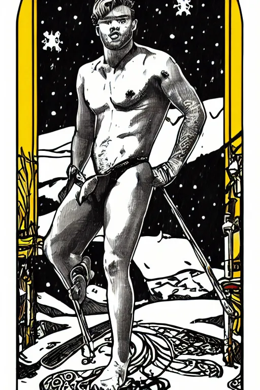 Prompt: beautiful tarot card of shirtless Gus Kenworthy on skis, snowy, homoerotic, art deco, art nouveau, trending on artstation