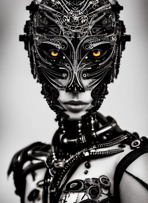 Image similar to a stunning young female crow mixed cyborg profile face, face is made intricate tribal bio - mechanical, editorial photography, bw, shot on 7 0 mm, depth of field, f / 2. 8, high contrast, 1 6 k, volumetric lighting, shiny, insanely detailed and intricate, hypermaximalist, elegant, ornate, hyper realistic, super detailed