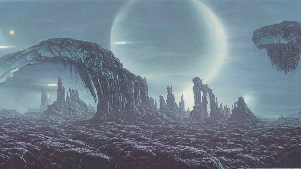 Prompt: eerie atmospheric alien planet by angus mckie and bob eggleton and chris moore, epic cinematic matte painting