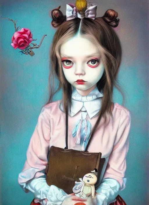 Image similar to pop surrealism, lowbrow art, realistic cute alice girl painting, japanese street fashion, hyper realism, muted colors, mark ryden, trevor brown style
