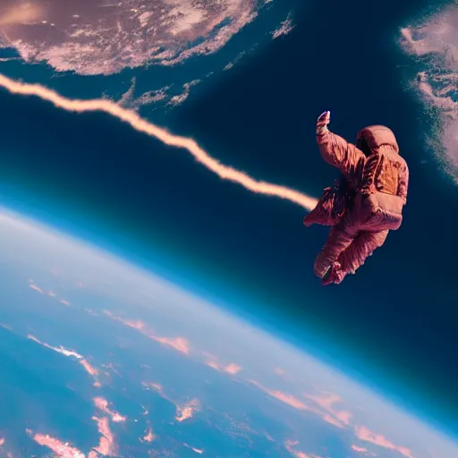 Image similar to Travis scott flying over Earth, satellite photo, 4k, Aubrey Powell, beautiful cinematography, surreal, film grain