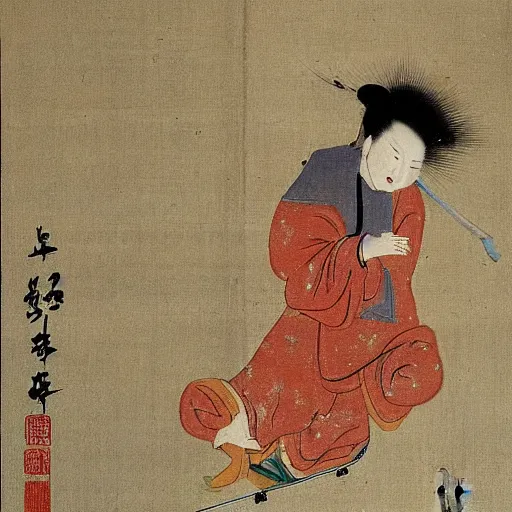 Prompt: the Chinese ancient painting of a lady playing skateboard in Tang Dynasty , by Han Xizai