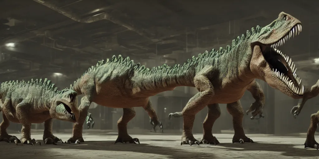 Image similar to extremely detailed award winning 3D octane render of cyborg dinosaurs in a lab