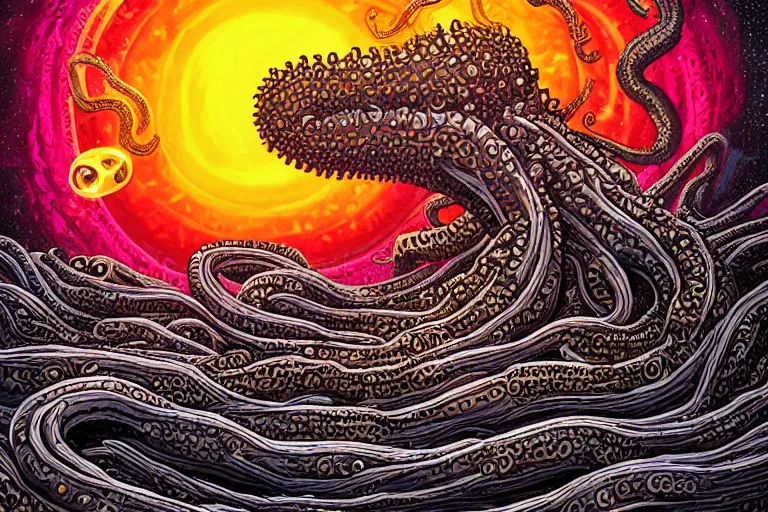 Image similar to a giant lovecraftian tentacle creature gripping a black hole by dan mumford, digital art, photorealistic, vivid colors, highly detailed, intricate