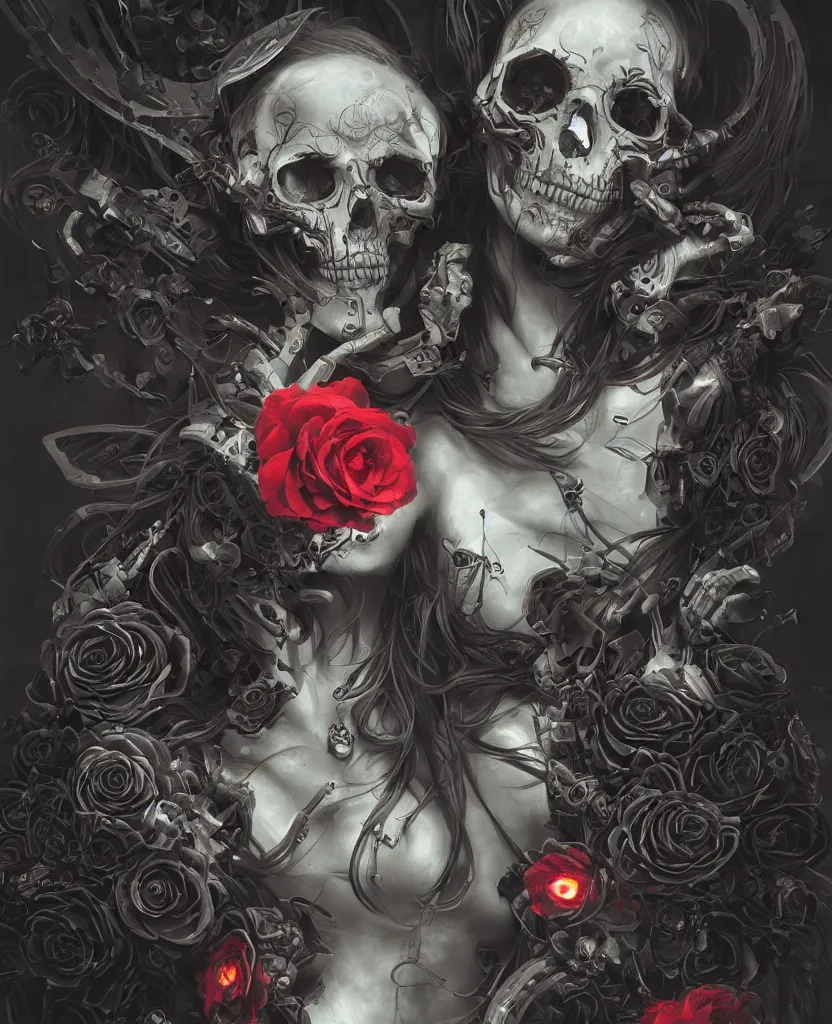 Image similar to a chaotic goddess of death skull black rose s day of the dead atmospheric, dramatic, Trending on artstation. augmentations and cybernetic enhancements neon circuits, greg rutkowski , hyperrealist, cinema4D, 8k highly detailed ❤️‍🔥 🔥 💀 🤖 🚀