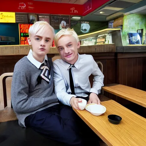 Prompt: Draco Malfoy and Eddie Munson sitting at a booth in McDonalds, McDonalds interior background, photo