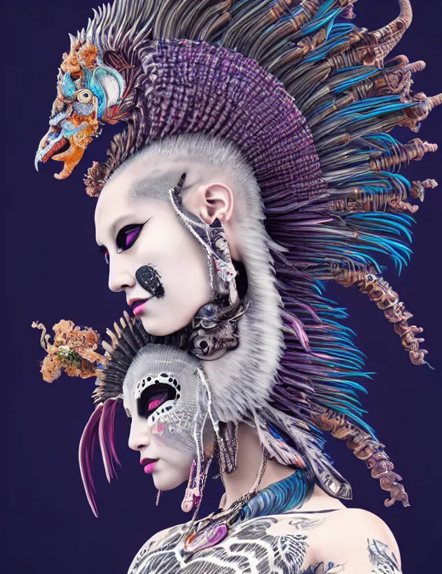 Image similar to 3 d goddess close - up profile portrait punk with mohawk with ram skull. beautiful intricately detailed japanese crow kitsune mask and clasical japanese kimono. betta fish, jellyfish phoenix, bio luminescent, plasma, ice, water, wind, creature, artwork by tooth wu and wlop and beeple and greg rutkowski