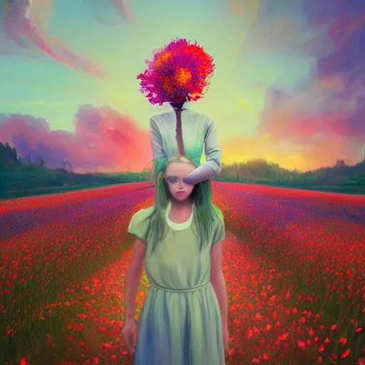 Image similar to girl with an exploding flower for a head, surreal photography, dream, standing in flower field, magical, in a valley, sunrise dramatic light, impressionist painting, colorful clouds, artstation, simon stalenhag, flower face