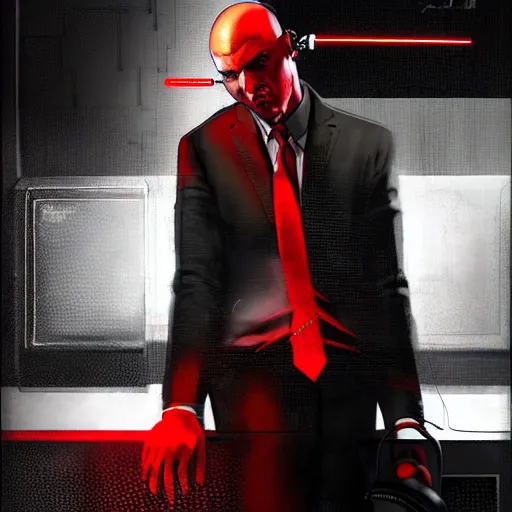 Prompt: agent 4 7 from hitman listening to music in front of large stereo speakers surrounded by cables, black background, red rim light, highly detailed, smooth, sharp focus, art by cedric peyravernay