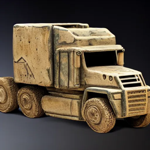 Prompt: an earthenware figurine of a cybertruck from ancient sumeria, high quality photograph, 4 k, museum lighting