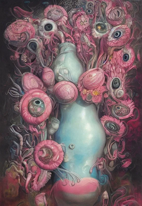 Prompt: a biomorphic painting of a vase with flowers and eyeballs in it, a surrealist painting by marco mazzoni, by dorothea tanning, pastel blues and pinks, lips, featured on artstation, metaphysical painting, oil on canvas, fluid acrylic pour art, airbrush art, seapunk, rococo, lovecraftian