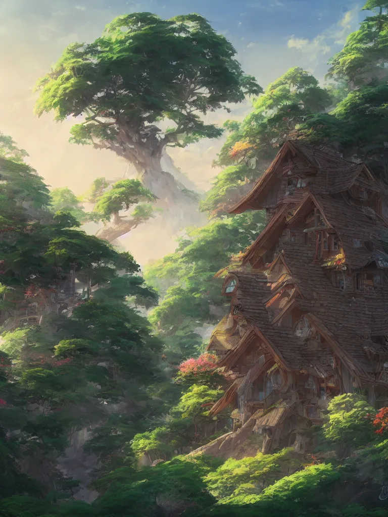 Image similar to a beautiful painting of a gucci cottage tree house, anime landscape, morning light, in the style of ross tran, studio ghibli and kay john yim, cgsociety highly detailed, 8 k