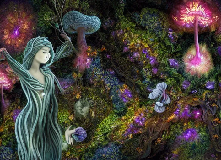 Image similar to glowing delicate flower and mushrooms that grow in a dark fatansy forest on the planet Pandora, an idealistic marble statue with fractal flowery hair in a fractal garden,