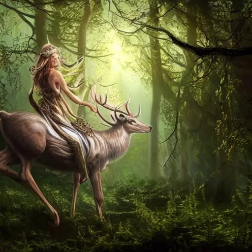 Image similar to beautiful hyper realistic elven, celestial highly detailed stag, in a beautiful highly detailed forest background. sunlight rays throught the trees. fantasy art, concept art 8 k rendering.