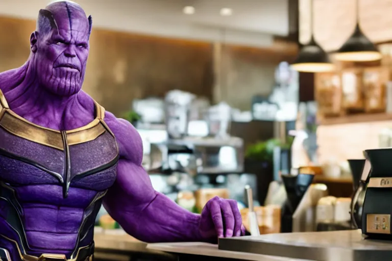 Image similar to a film still of thanos working as a starbucks barista in an upcoming movie, 4 k