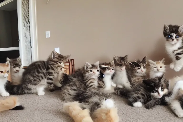 Image similar to a living room full of detailed cute kittens