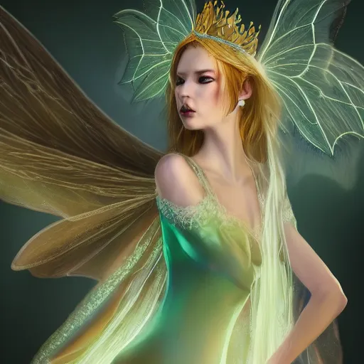 Prompt: a fairy queen with wings wearing a magic silk and lace robe with a hood, crown, pixie, realism, emerald, galaxy, sapphire,blonde hair going down to the floor, moonlit, dark fantasy, dramatic lighting, cgsociety, artstation