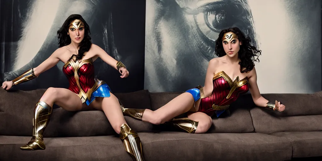 Image similar to photograph of gal gadot, dressed as wonder woman, sitting on a white leather couch with a huge photograph of a human eye on the wall behind it, ultra wide angle lens, hyperreal, super sharp photography