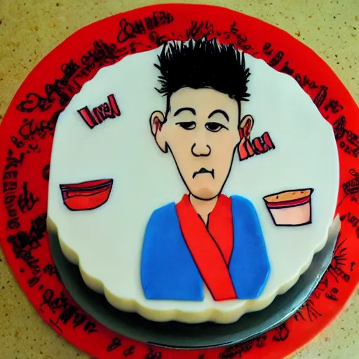 Prompt: sad Ralph Attanasia as a cartoon edible art cake sitting in kitchen, deep focus