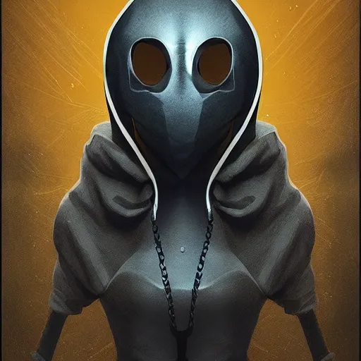 Image similar to award - winning. trending on artstation. surreal. cinematic. a person wearing hooded ornate yellow robes and a spooky steel mask staring while a black hole floats behind them. dark background.