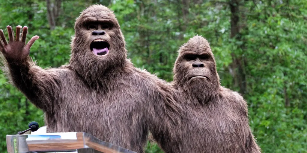 Image similar to real life picture of senator bigfoot giving a speech