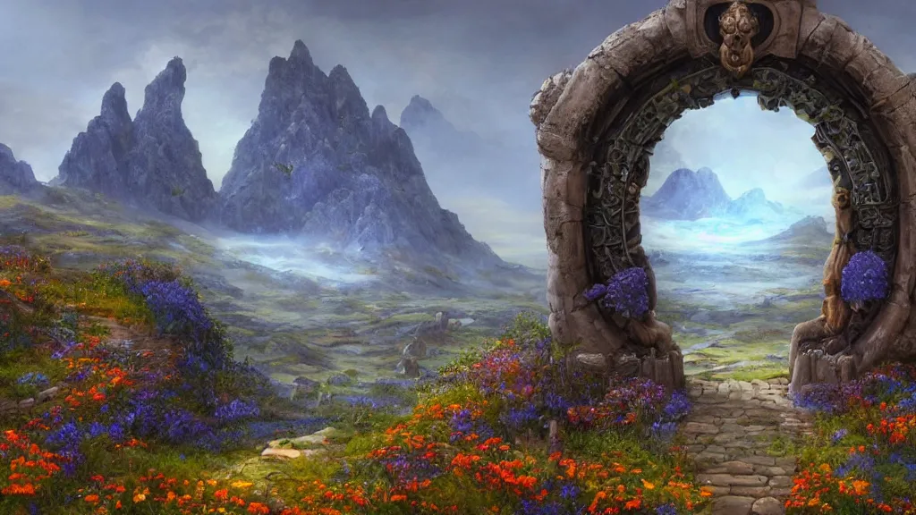 Image similar to A giant medieval fantasy blue energy portal gate with a rusty gold carved lion face at the center of it, the portal takes you to another world, full of colorful flowers on the lost Vibes and mountains in the background, spring, delicate fog, sea breeze rises in the air, by andreas rocha and john howe, and Martin Johnson Heade, featured on artstation, featured on behance, golden ratio, ultrawide angle, f32, well composed