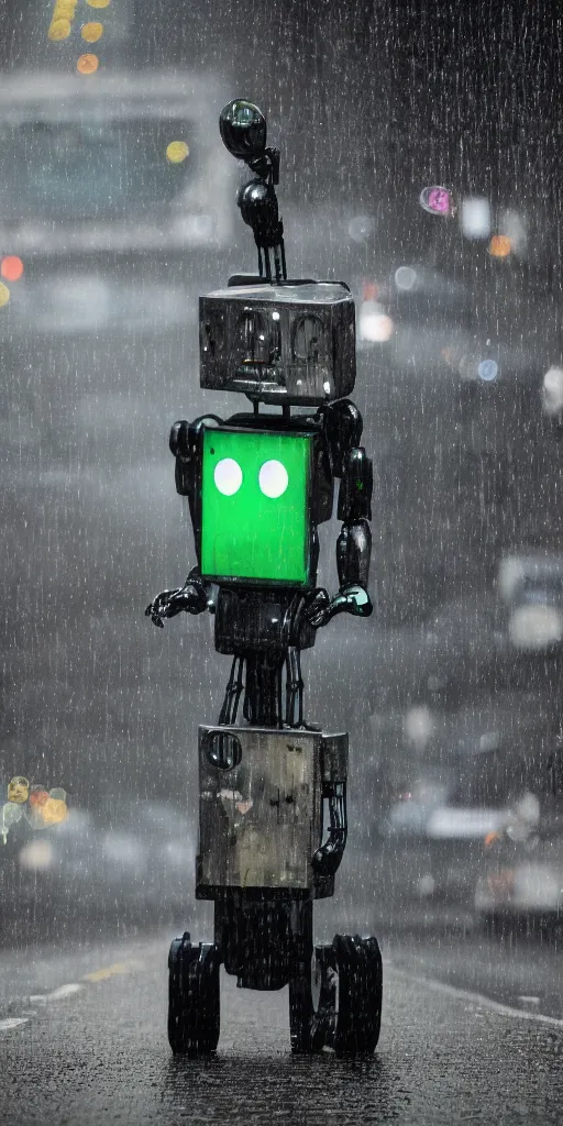 Image similar to robot on the road, city, photo, rain,